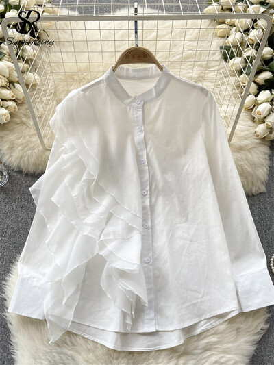 SINGREINY női divat blúz fodros patchwork, egysoros, hosszú ujjú felsők 2023 új, O nyakú utcai ruházat tömör őszi ingek