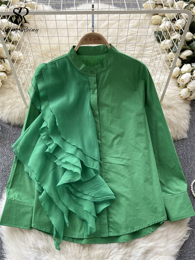 SINGREINY női divat blúz fodros patchwork, egysoros, hosszú ujjú felsők 2023 új, O nyakú utcai ruházat tömör őszi ingek