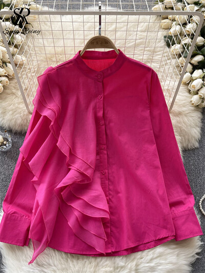 SINGREINY női divat blúz fodros patchwork, egysoros, hosszú ujjú felsők 2023 új, O nyakú utcai ruházat tömör őszi ingek