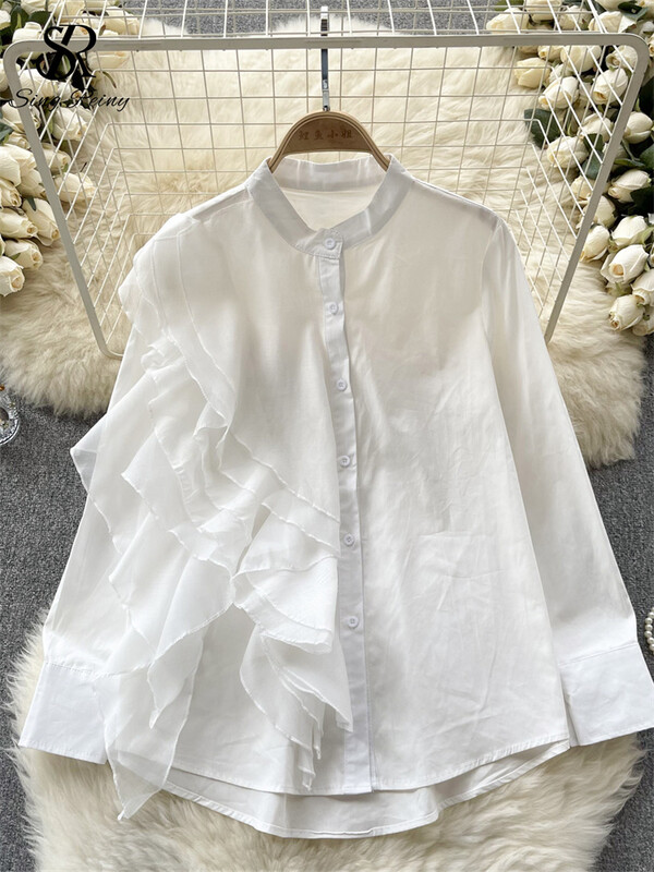 SINGREINY női divat blúz fodros patchwork, egysoros, hosszú ujjú felsők 2023 új, O nyakú utcai ruházat tömör őszi ingek