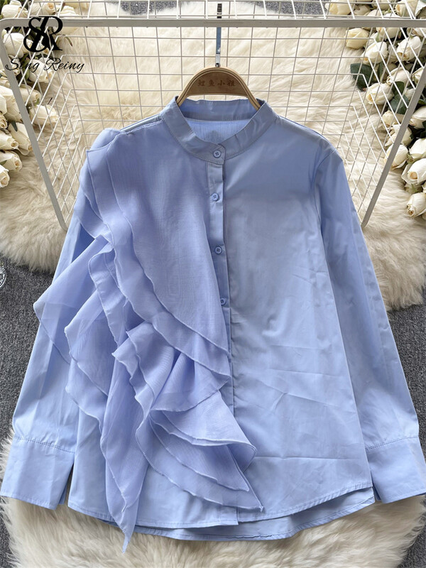 SINGREINY női divat blúz fodros patchwork, egysoros, hosszú ujjú felsők 2023 új, O nyakú utcai ruházat tömör őszi ingek