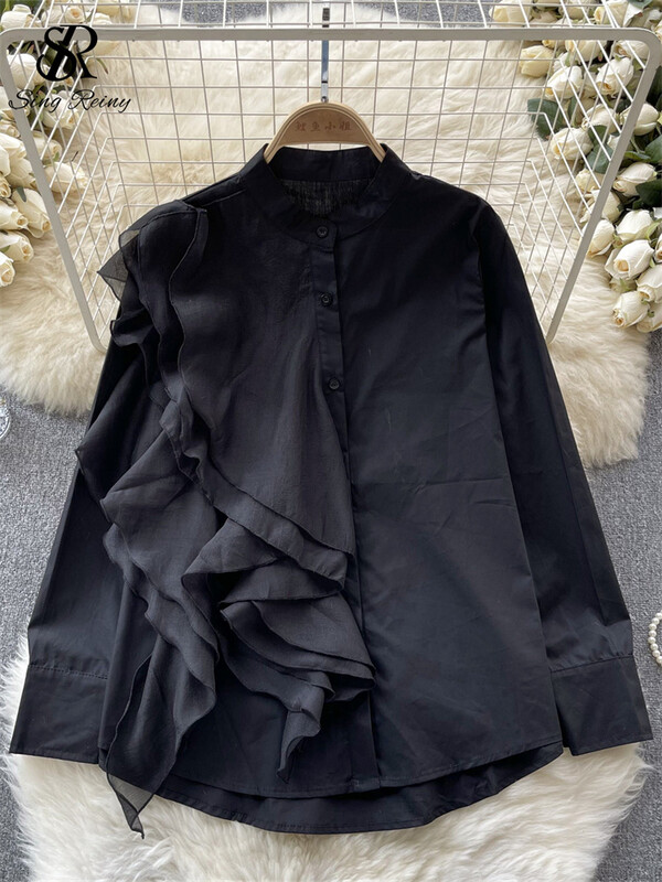 SINGREINY női divat blúz fodros patchwork, egysoros, hosszú ujjú felsők 2023 új, O nyakú utcai ruházat tömör őszi ingek