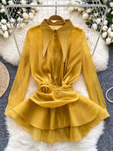 SINGREINY 2024 τρισδιάστατο φλοράλ vintage πουκάμισο μόδας Γυναικείο πέτο με λαιμόκοψη μακριά μανίκια Διαφανές μποέμικο τοπ Φθινοπωρινό φαρδύ μπλούζα από οργάντζα