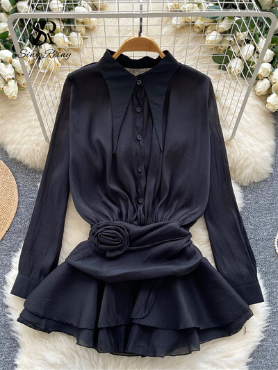 SINGREINY 2024 τρισδιάστατο φλοράλ vintage πουκάμισο μόδας Γυναικείο πέτο με λαιμόκοψη μακριά μανίκια Διαφανές μποέμικο τοπ Φθινοπωρινό φαρδύ μπλούζα από οργάντζα