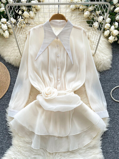 SINGREINY 2024 τρισδιάστατο φλοράλ vintage πουκάμισο μόδας Γυναικείο πέτο με λαιμόκοψη μακριά μανίκια Διαφανές μποέμικο τοπ Φθινοπωρινό φαρδύ μπλούζα από οργάντζα