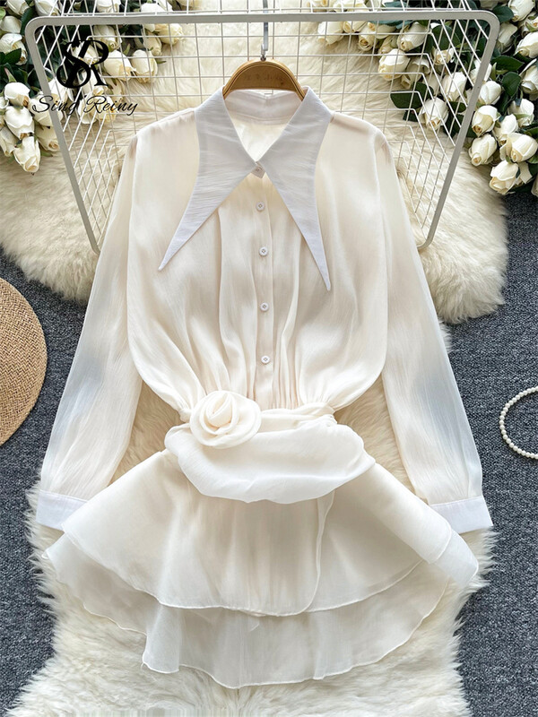 SINGREINY 2024 τρισδιάστατο φλοράλ vintage πουκάμισο μόδας Γυναικείο πέτο με λαιμόκοψη μακριά μανίκια Διαφανές μποέμικο τοπ Φθινοπωρινό φαρδύ μπλούζα από οργάντζα