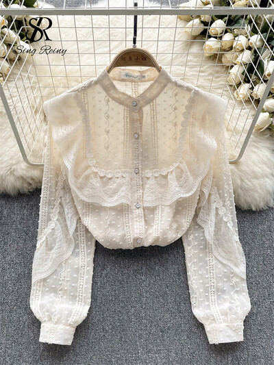 SINGREINY női őszi sifon bő ing Utcai viselet koreai hosszú ujjú, édes OL csipke felső 2023 pöttyös hímző blúz