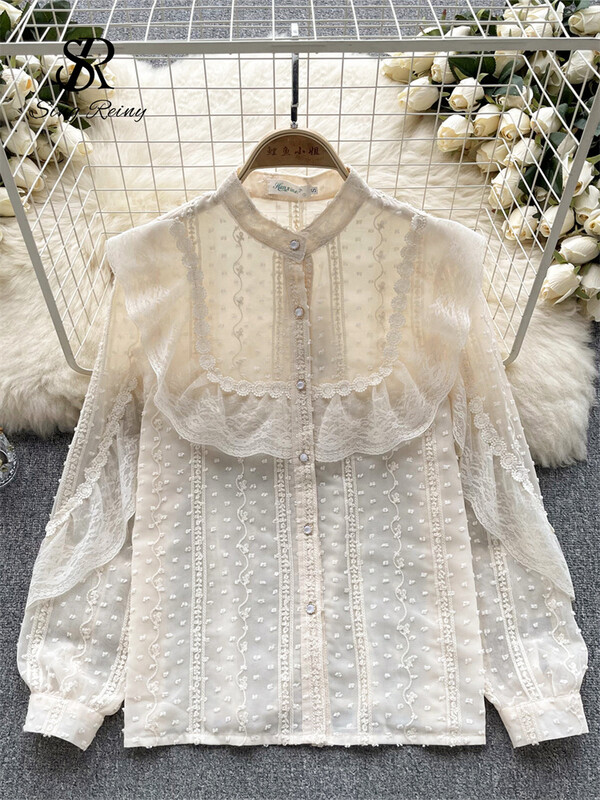 SINGREINY női őszi sifon bő ing Utcai viselet koreai hosszú ujjú, édes OL csipke felső 2023 pöttyös hímző blúz