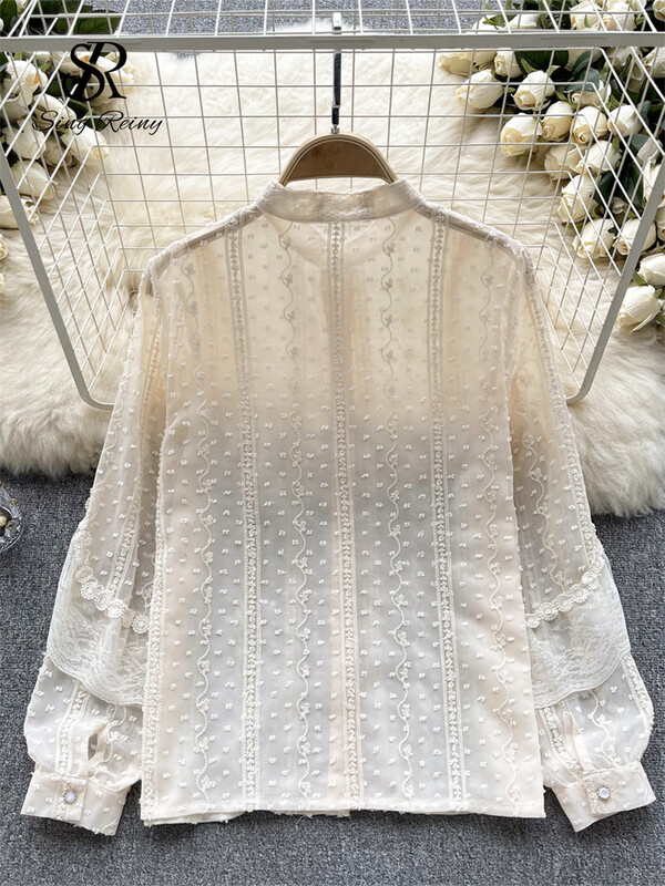 SINGREINY női őszi sifon bő ing Utcai viselet koreai hosszú ujjú, édes OL csipke felső 2023 pöttyös hímző blúz
