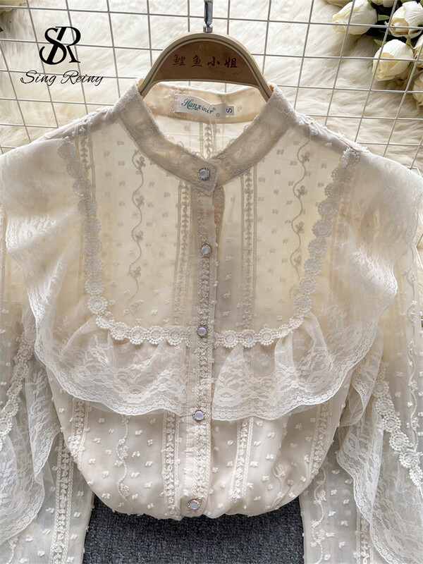SINGREINY női őszi sifon bő ing Utcai viselet koreai hosszú ujjú, édes OL csipke felső 2023 pöttyös hímző blúz