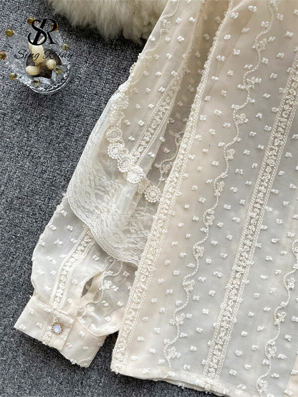 SINGREINY női őszi sifon bő ing Utcai viselet koreai hosszú ujjú, édes OL csipke felső 2023 pöttyös hímző blúz