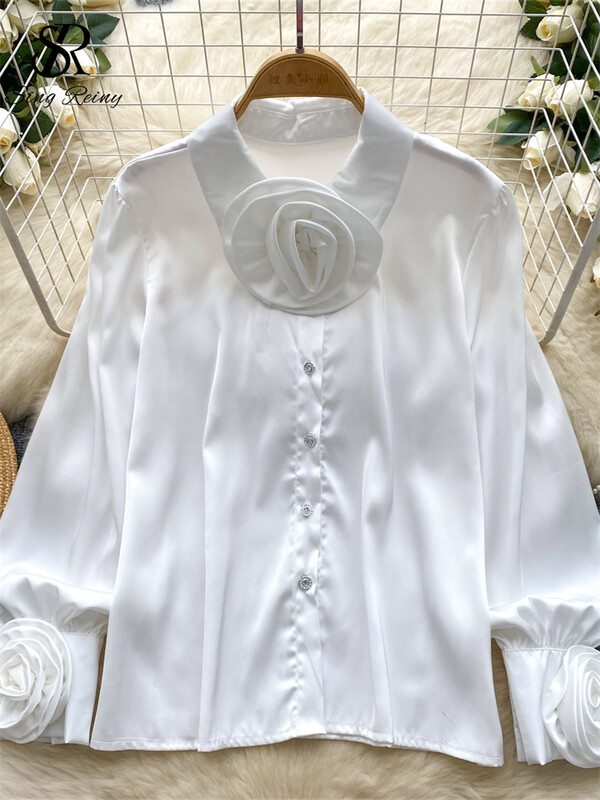 SINGREINY Γαλλικό κομψό σατέν πουκάμισο Γυναικείο τρισδιάστατο φλοράλ λαιμόκοψη μονό στήθος με φουσκωτό μανίκι Basic Senior φθινοπωρινές μπλούζες