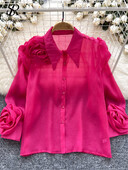 SINGREINY tavaszi ősz legújabb ing női póló gallér Lámpás ujjak divatos 3D virág dizájn Elegáns bő tömör alapblúz