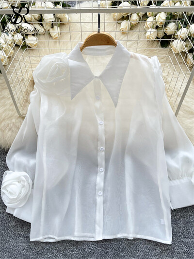 SINGREINY tavaszi ősz legújabb ing női póló gallér Lámpás ujjak divatos 3D virág dizájn Elegáns bő tömör alapblúz