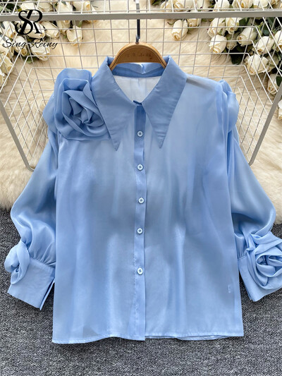 SINGREINY tavaszi ősz legújabb ing női póló gallér Lámpás ujjak divatos 3D virág dizájn Elegáns bő tömör alapblúz