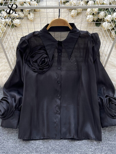 SINGREINY tavaszi ősz legújabb ing női póló gallér Lámpás ujjak divatos 3D virág dizájn Elegáns bő tömör alapblúz