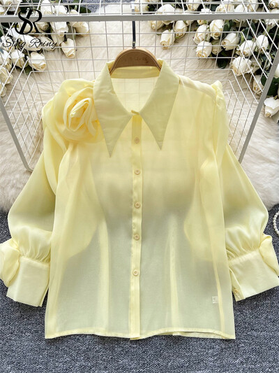 SINGREINY tavaszi ősz legújabb ing női póló gallér Lámpás ujjak divatos 3D virág dizájn Elegáns bő tömör alapblúz