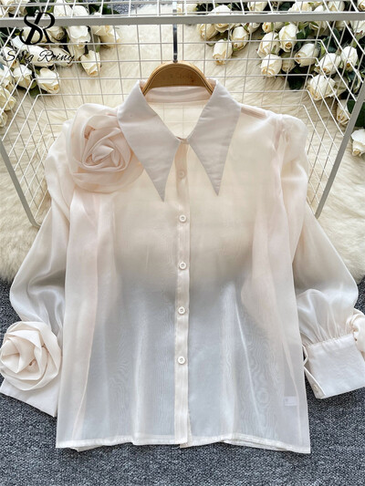 SINGREINY tavaszi ősz legújabb ing női póló gallér Lámpás ujjak divatos 3D virág dizájn Elegáns bő tömör alapblúz