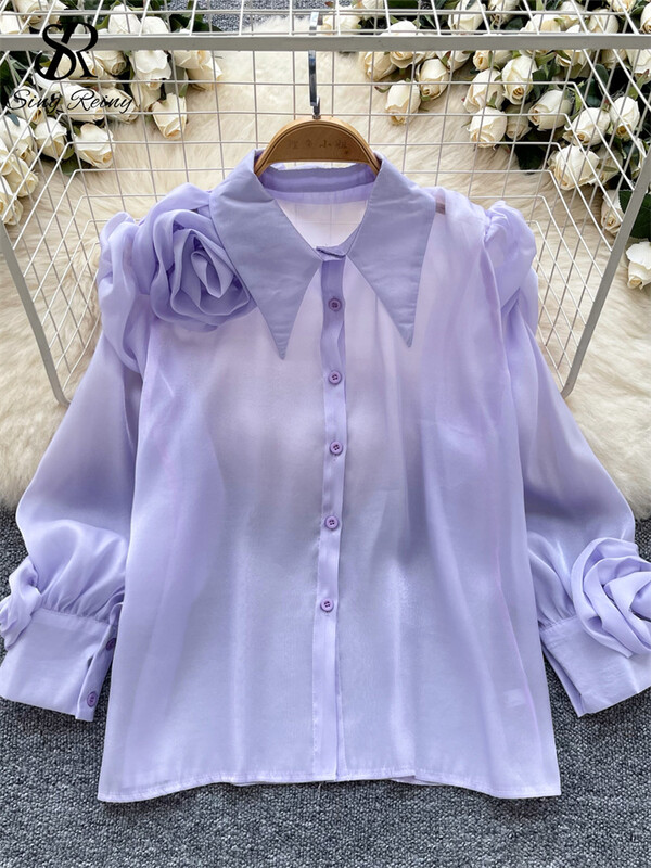 SINGREINY tavaszi ősz legújabb ing női póló gallér Lámpás ujjak divatos 3D virág dizájn Elegáns bő tömör alapblúz