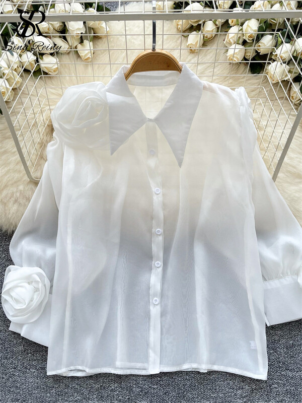 SINGREINY tavaszi ősz legújabb ing női póló gallér Lámpás ujjak divatos 3D virág dizájn Elegáns bő tömör alapblúz