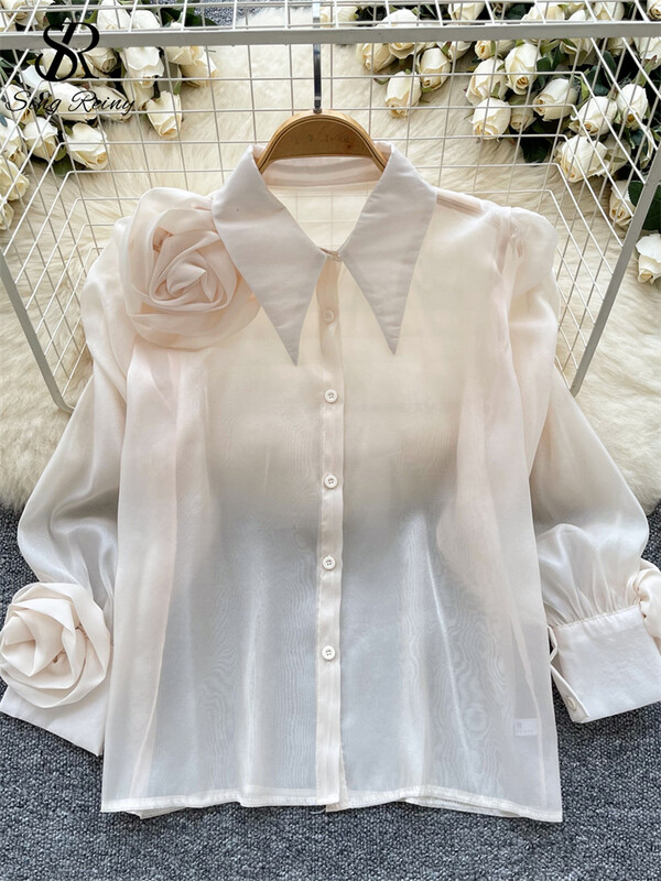 SINGREINY tavaszi ősz legújabb ing női póló gallér Lámpás ujjak divatos 3D virág dizájn Elegáns bő tömör alapblúz