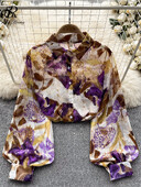 SINGREINY Őszi Senior Print ing 2023 Divat vékony, átlátszó, laza design felső női hajtókás lámpás ujjú utcai viselet blúz