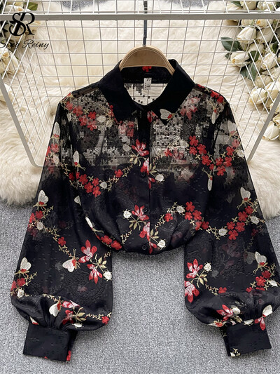 SINGREINY Őszi Senior Print ing 2023 Divat vékony, átlátszó, laza design felső női hajtókás lámpás ujjú utcai viselet blúz