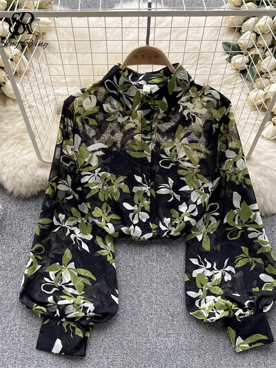 SINGREINY Őszi Senior Print ing 2023 Divat vékony, átlátszó, laza design felső női hajtókás lámpás ujjú utcai viselet blúz