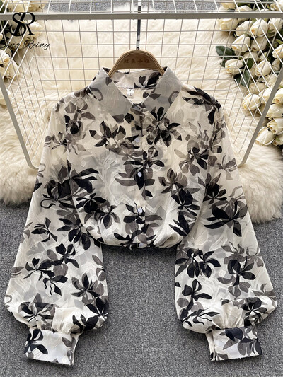 SINGREINY Őszi Senior Print ing 2023 Divat vékony, átlátszó, laza design felső női hajtókás lámpás ujjú utcai viselet blúz