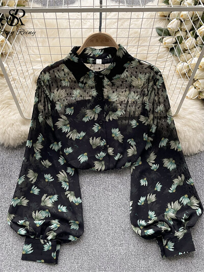 SINGREINY Őszi Senior Print ing 2023 Divat vékony, átlátszó, laza design felső női hajtókás lámpás ujjú utcai viselet blúz