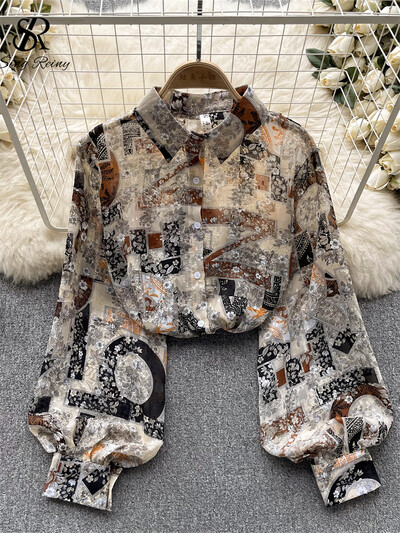 SINGREINY Őszi Senior Print ing 2023 Divat vékony, átlátszó, laza design felső női hajtókás lámpás ujjú utcai viselet blúz