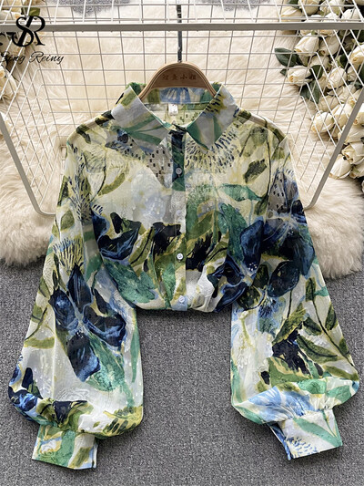 SINGREINY Őszi Senior Print ing 2023 Divat vékony, átlátszó, laza design felső női hajtókás lámpás ujjú utcai viselet blúz