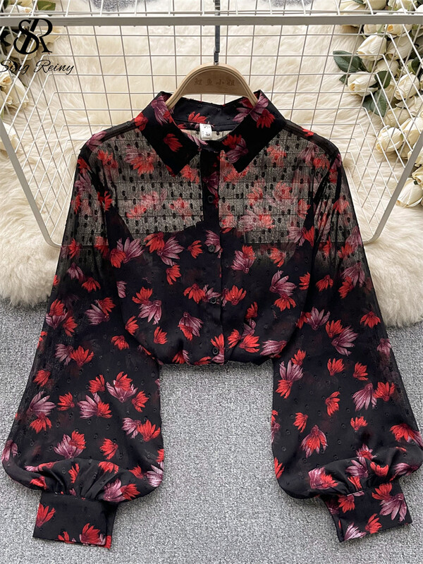 SINGREINY Őszi Senior Print ing 2023 Divat vékony, átlátszó, laza design felső női hajtókás lámpás ujjú utcai viselet blúz