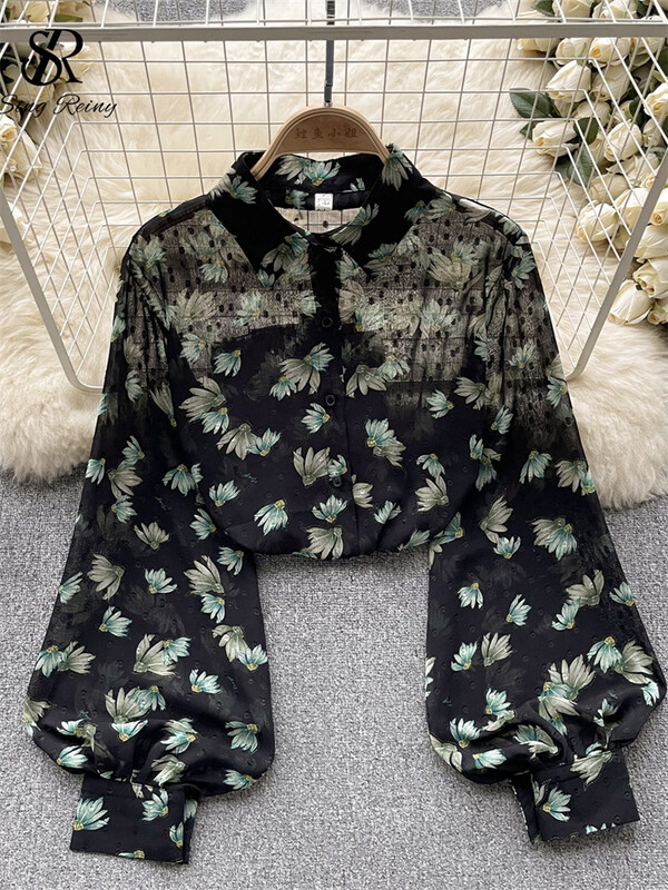 SINGREINY Őszi Senior Print ing 2023 Divat vékony, átlátszó, laza design felső női hajtókás lámpás ujjú utcai viselet blúz