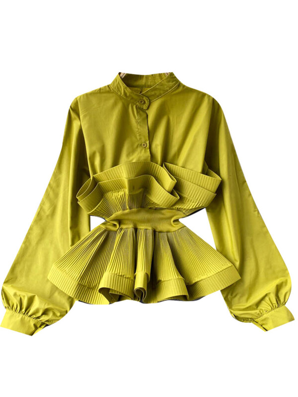 XFPV Γυναικείο μακρυμάνικο πουκάμισο με πλισέ βολάν Μπλούζα συνονθύλευμα ιδιοσυγκρασίας Y2k Top Slim Waist πουκάμισο Sweet Korea Summer 2023