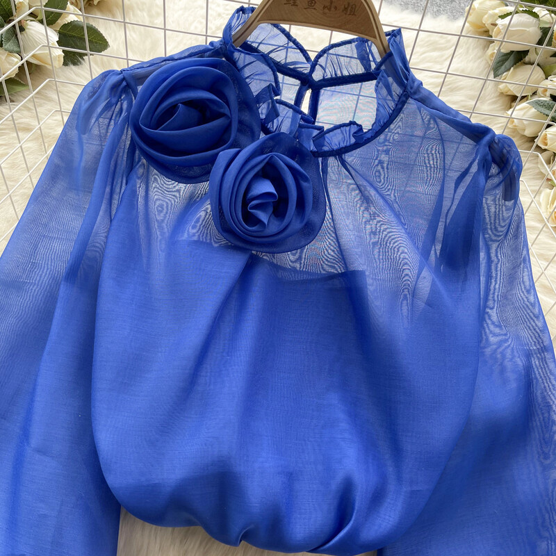 3D virágos sifonblúz fodros gallér hosszú ujjú áttetsző béléssel Női France Vintage Senior Elegáns OL felsők