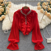 Franču Eleganti Krekli Sieviešu Dizains Dimanti Brīvi Ikdienas Topi Garām piedurknēm Volāni Maigas Biroja Sieviešu Blūzes Pavasaris