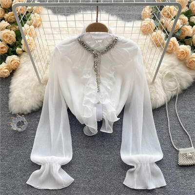 Franču Eleganti Krekli Sieviešu Dizains Dimanti Brīvi Ikdienas Topi Garām piedurknēm Volāni Maigas Biroja Sieviešu Blūzes Pavasaris