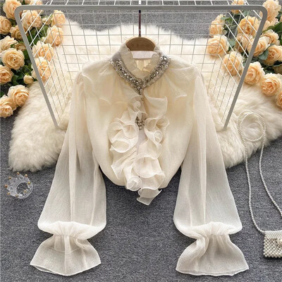 Franču Eleganti Krekli Sieviešu Dizains Dimanti Brīvi Ikdienas Topi Garām piedurknēm Volāni Maigas Biroja Sieviešu Blūzes Pavasaris