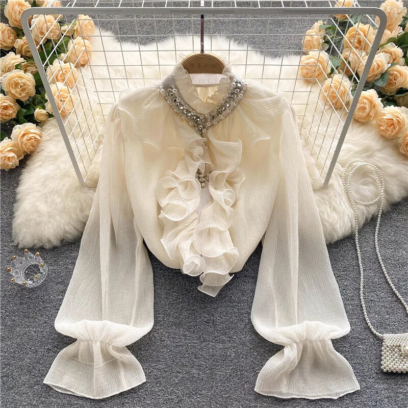 Franču Eleganti Krekli Sieviešu Dizains Dimanti Brīvi Ikdienas Topi Garām piedurknēm Volāni Maigas Biroja Sieviešu Blūzes Pavasaris