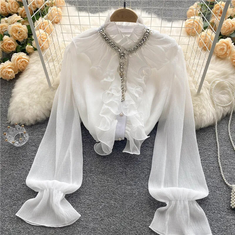 Franču Eleganti Krekli Sieviešu Dizains Dimanti Brīvi Ikdienas Topi Garām piedurknēm Volāni Maigas Biroja Sieviešu Blūzes Pavasaris