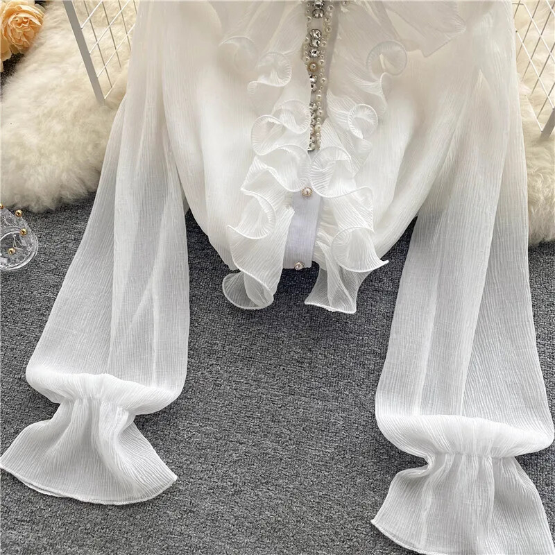 Franču Eleganti Krekli Sieviešu Dizains Dimanti Brīvi Ikdienas Topi Garām piedurknēm Volāni Maigas Biroja Sieviešu Blūzes Pavasaris