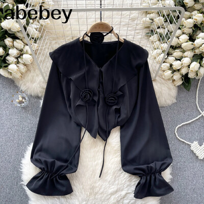 Φαρδιά μπλούζα με λαιμόκοψη V 2024 Κομψά μακρυμάνικα βολάν τοπ Βασικά μόδα Streetwear 3D Flower Spring OL