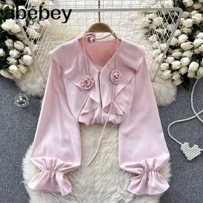 Φαρδιά μπλούζα με λαιμόκοψη V 2024 Κομψά μακρυμάνικα βολάν τοπ Βασικά μόδα Streetwear 3D Flower Spring OL