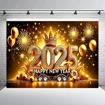 2025 Happy New Year Backdrop Balloon Crown Fireworks Background Party Supplies Decor Decoration Revee Dive Decor Banner Poster Photo Booth Prop