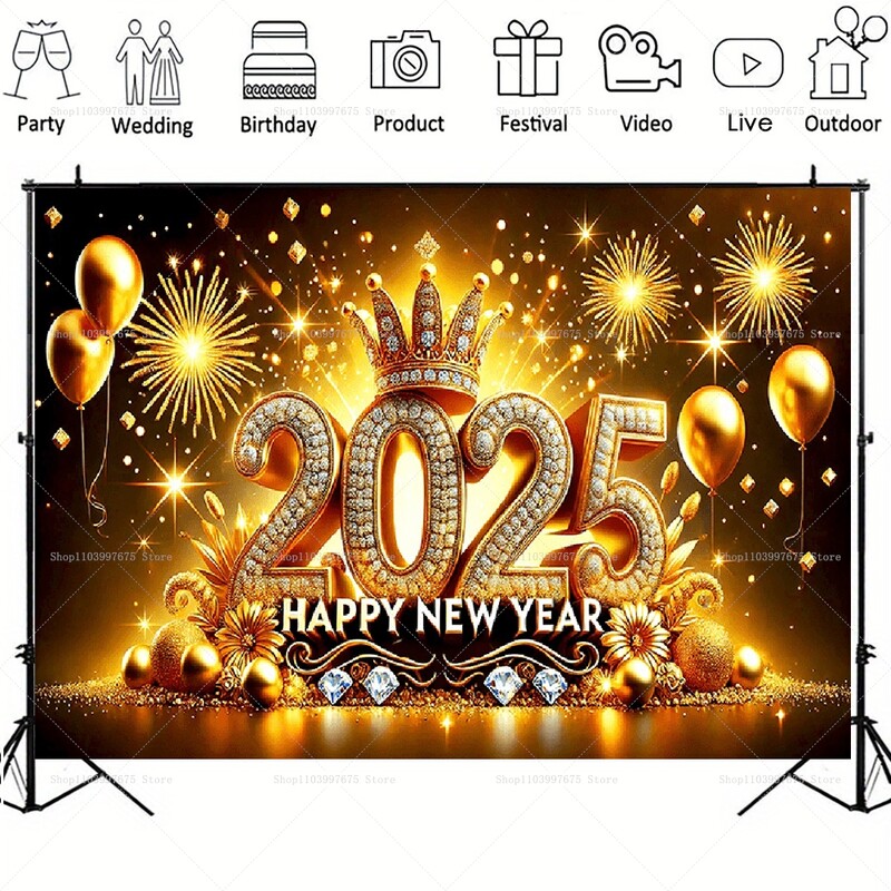 2025 Boldog Új Évet Háttér Léggömb Korona Tűzijáték Háttér Buli Kellékek Szilveszteri dekor Banner Plakát Fotófülke kellék