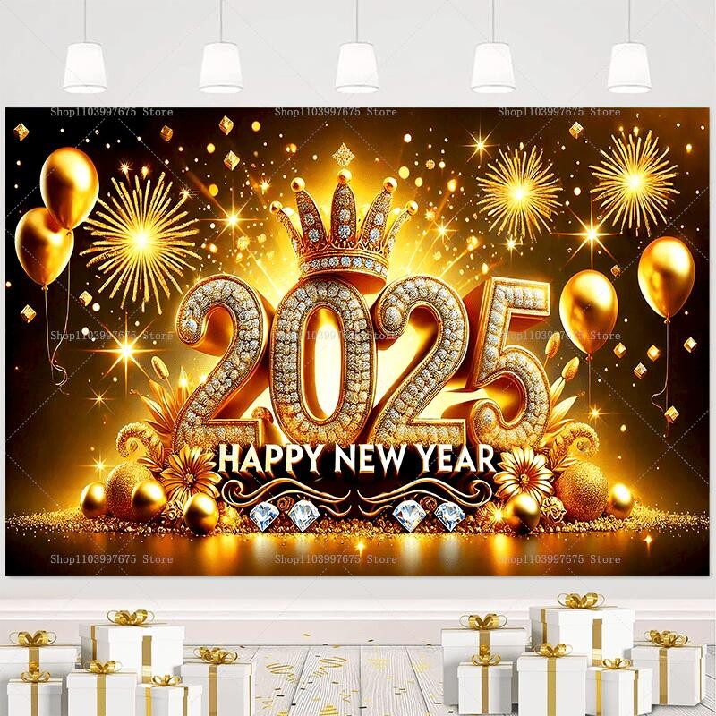 2025 Boldog Új Évet Háttér Léggömb Korona Tűzijáték Háttér Buli Kellékek Szilveszteri dekor Banner Plakát Fotófülke kellék