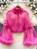 SINGREINY kiváló minőségű organza áttetsző blúz női lámpás ujjú tömör vintage bő felső koreai 3D virágos luxus alkalmi ing