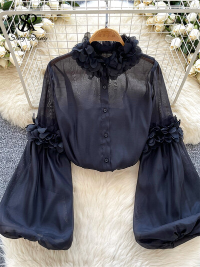 SINGREINY kiváló minőségű organza áttetsző blúz női lámpás ujjú tömör vintage bő felső koreai 3D virágos luxus alkalmi ing