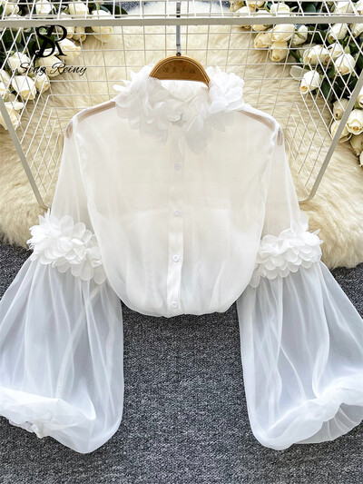SINGREINY kiváló minőségű organza áttetsző blúz női lámpás ujjú tömör vintage bő felső koreai 3D virágos luxus alkalmi ing